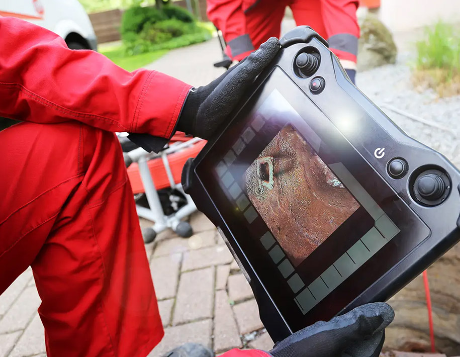 Mitarbeiter mit Monitor bei der Ultraschallortung eines verstopften Kanals