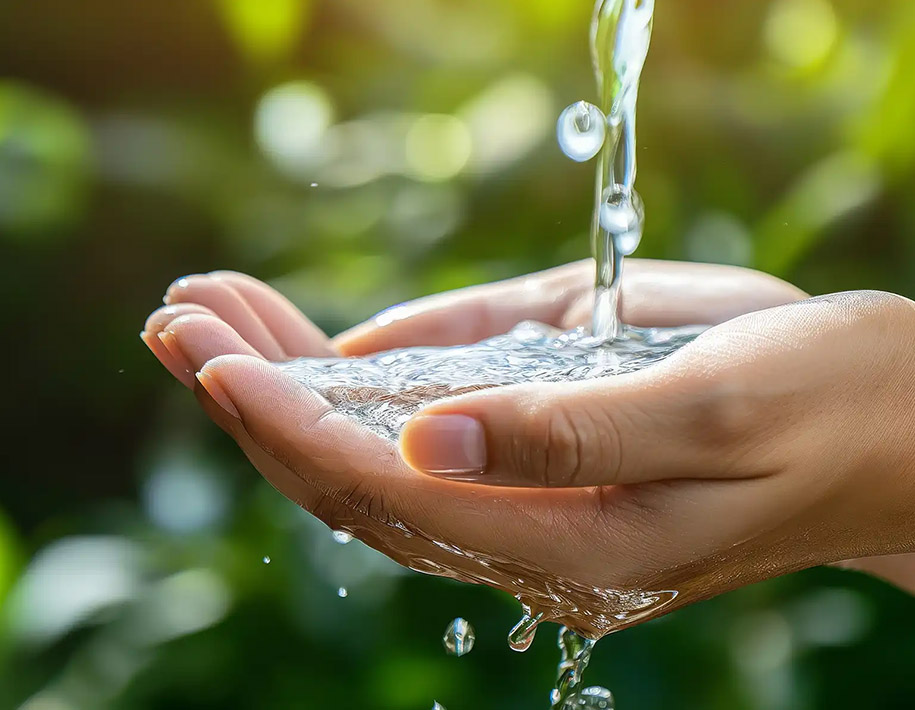 Frisches Wasser fällt in Handflächen vor grünem Pflanzenhintergrund